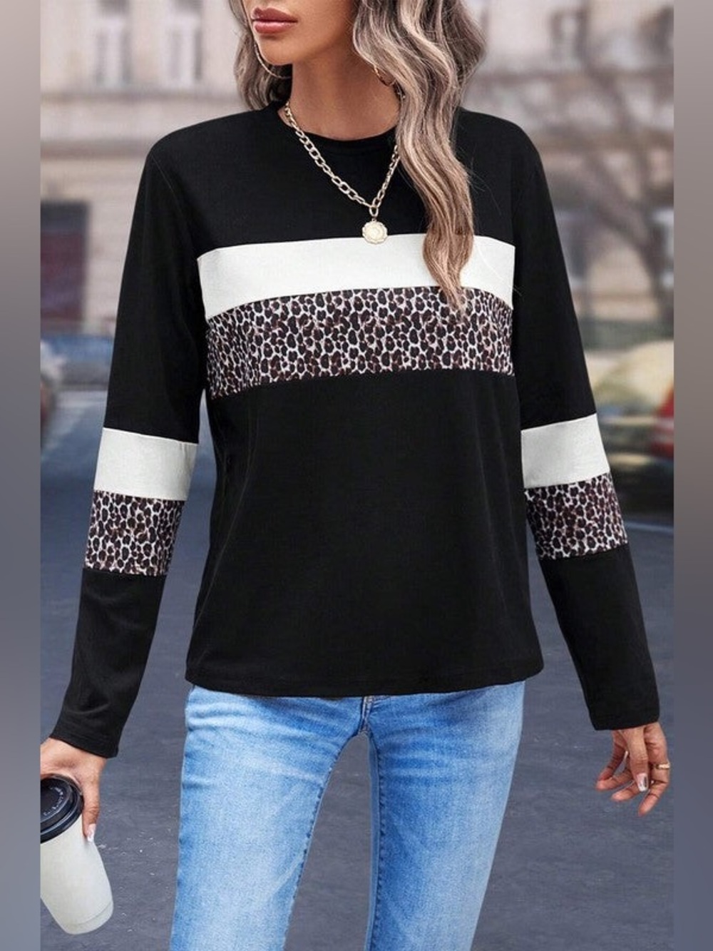 Women's Leopard Colorblock Patchwork Crew Neck Top, Size Large - NWT